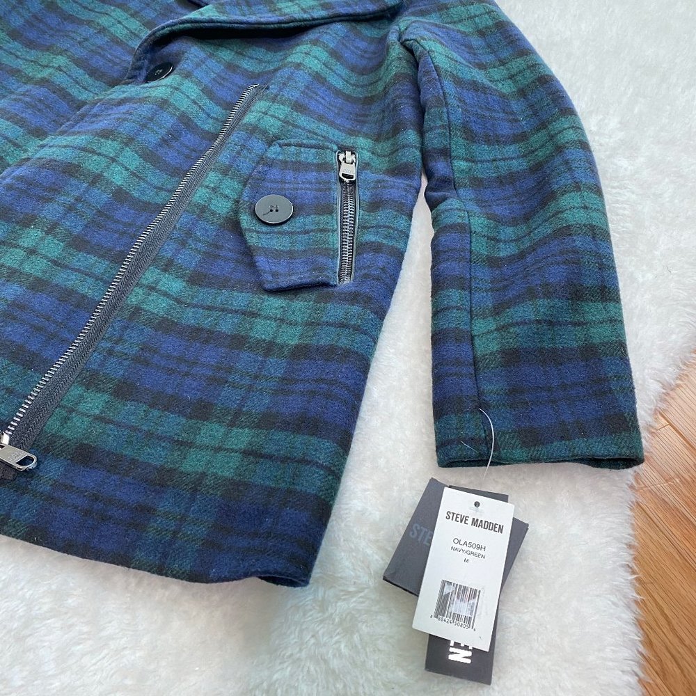 Steve Madden Women's Wool Blend Plaid Coat with Fur Trim, Green/Navy, Size M - Picture 7 of 10